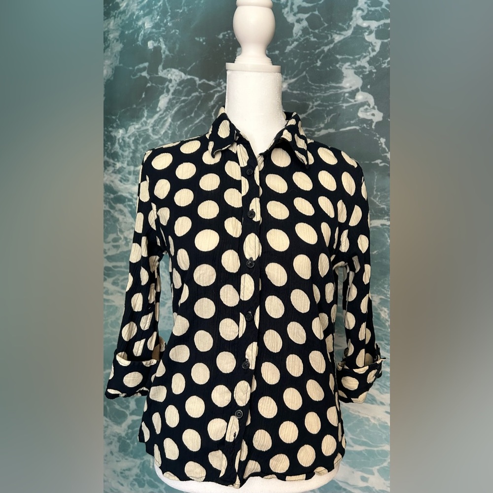 Blue and white polka dot button down.